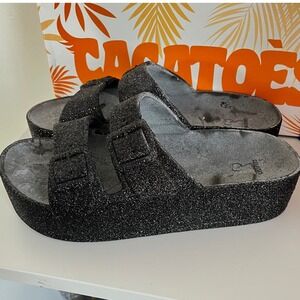 Cacatoes Caipirinha Glitter Slides Women Size 39 Black Platform Sandals 22S1000